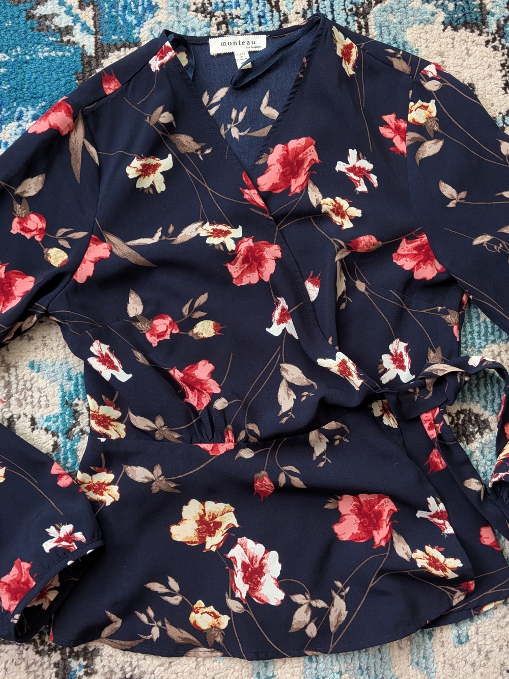 Monteau Navy Floral Wrap Blouse - Navy with Pink & Cream Flowers
